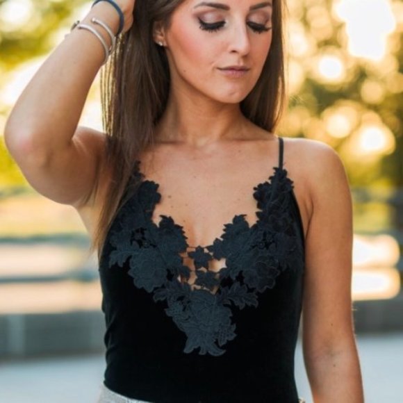 Express Tops - NWT Black Velvet Bodysuit with Floral Detailing M